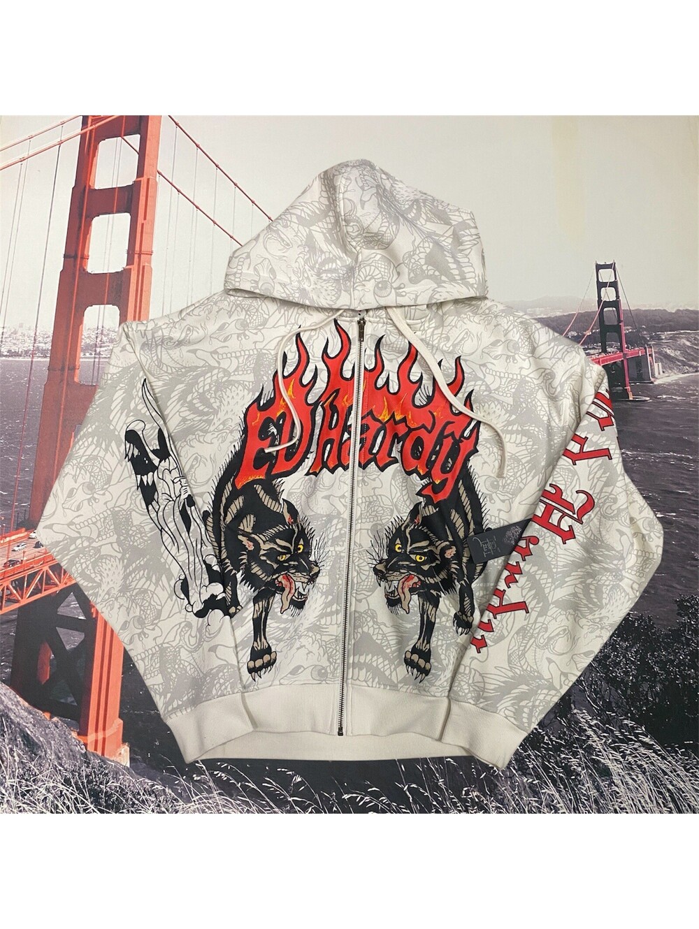Ed Hardy Hoodie Mens Size M Wolves Boxy Full Zip Up Graphic Hoodie Wolves Flames